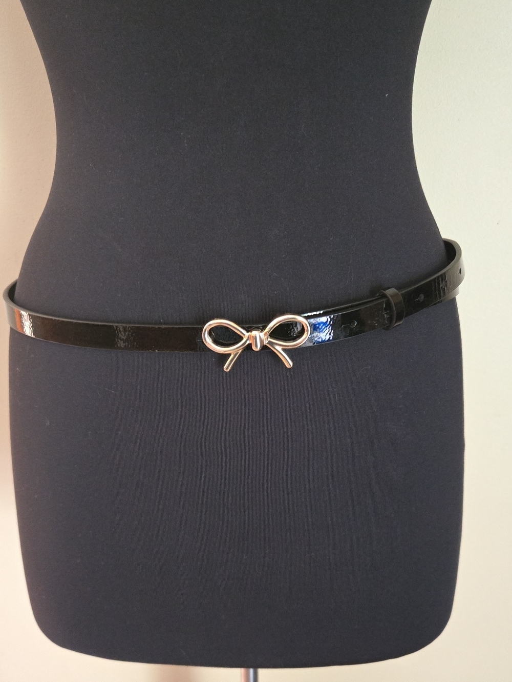 J. Crew Factory Black Patent Skinny Belt with Gold Bow